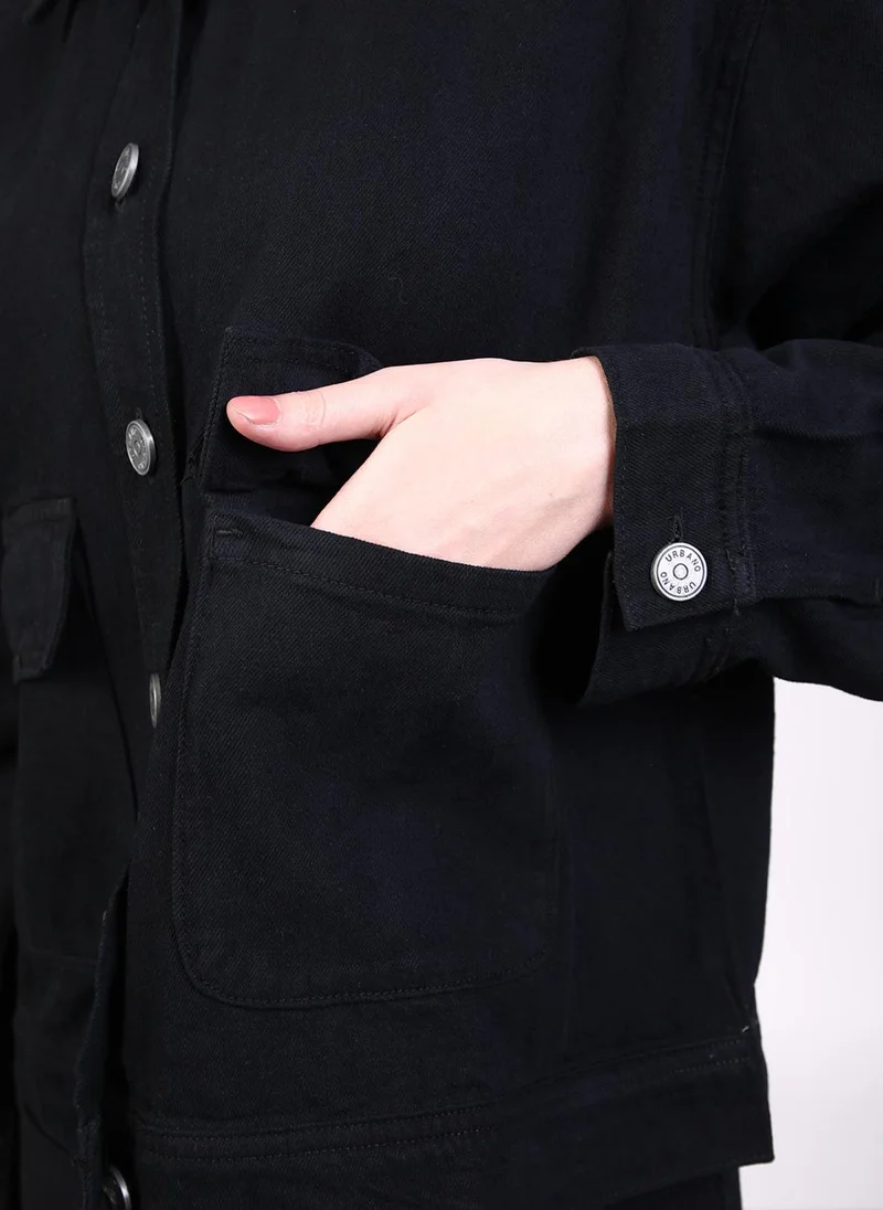 Urbano Fashion  Urbano Fashion Women's Black Relaxed Fit Full Sleeve Utility Denim Jacket for Women | Best Price UAE